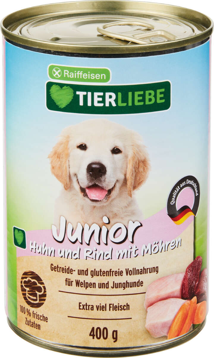 TIERLIEBE Hunde-Nassfutter Frisches Fleisch Junior Huhn und Rind mit Möhren